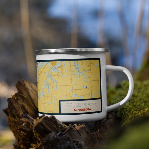 Right View Custom Belle Plaine Minnesota Map Enamel Mug in Woodblock on Grass With Trees in Background