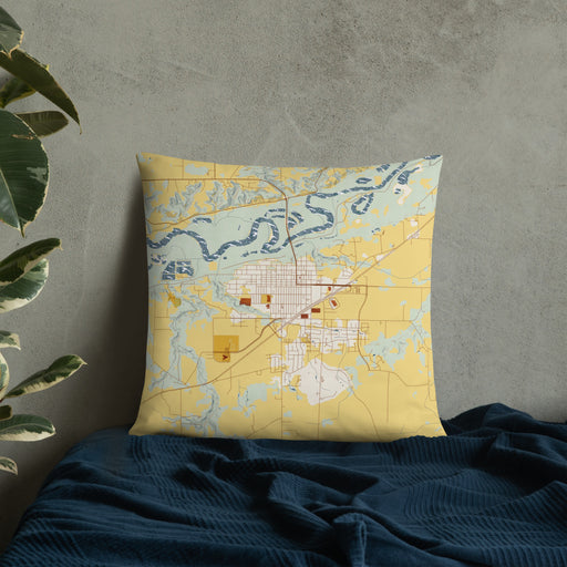 Custom Belle Plaine Minnesota Map Throw Pillow in Woodblock on Bedding Against Wall