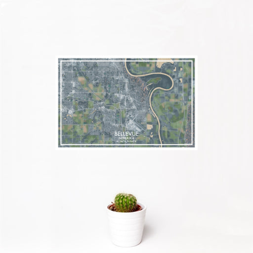 12x18 Bellevue Nebraska Map Print Landscape Orientation in Afternoon Style With Small Cactus Plant in White Planter