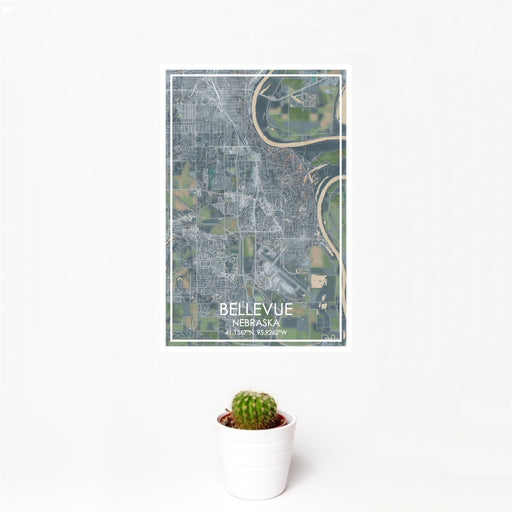 12x18 Bellevue Nebraska Map Print Portrait Orientation in Afternoon Style With Small Cactus Plant in White Planter