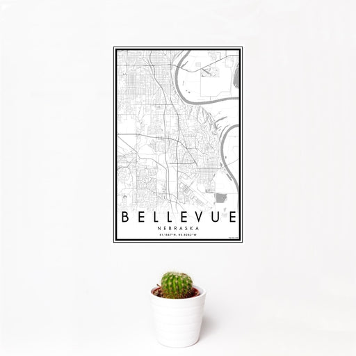 12x18 Bellevue Nebraska Map Print Portrait Orientation in Classic Style With Small Cactus Plant in White Planter