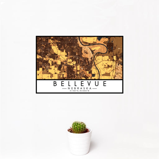 12x18 Bellevue Nebraska Map Print Landscape Orientation in Ember Style With Small Cactus Plant in White Planter