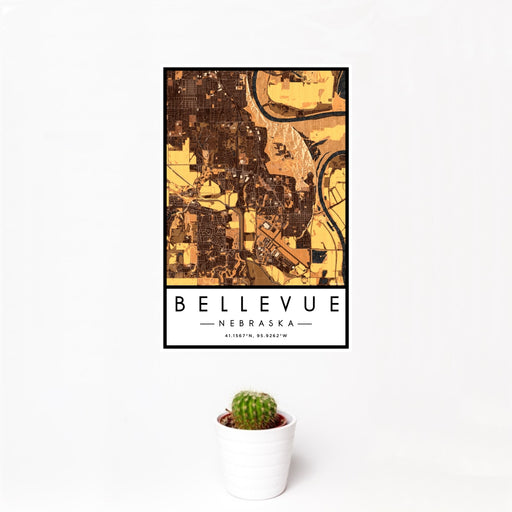 12x18 Bellevue Nebraska Map Print Portrait Orientation in Ember Style With Small Cactus Plant in White Planter