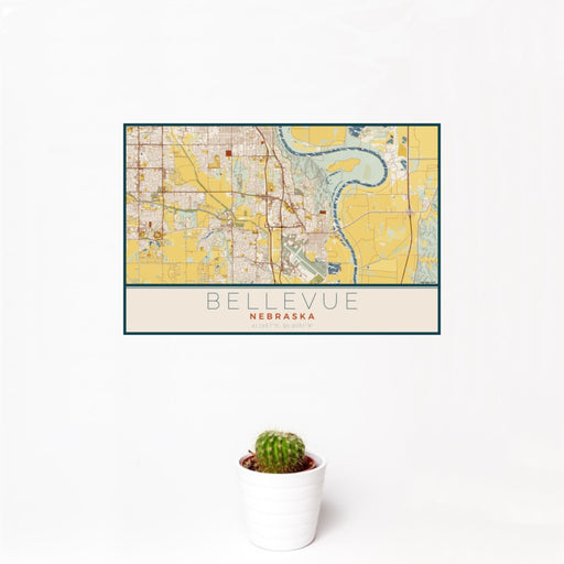 12x18 Bellevue Nebraska Map Print Landscape Orientation in Woodblock Style With Small Cactus Plant in White Planter