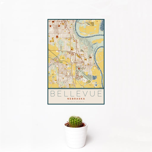 12x18 Bellevue Nebraska Map Print Portrait Orientation in Woodblock Style With Small Cactus Plant in White Planter