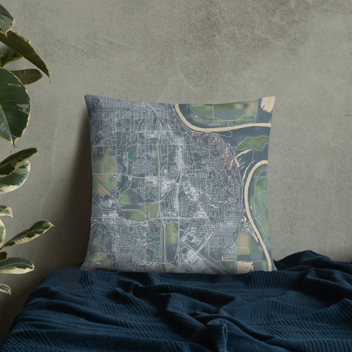 Custom Bellevue Nebraska Map Throw Pillow in Afternoon on Bedding Against Wall