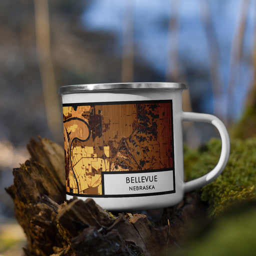 Right View Custom Bellevue Nebraska Map Enamel Mug in Ember on Grass With Trees in Background