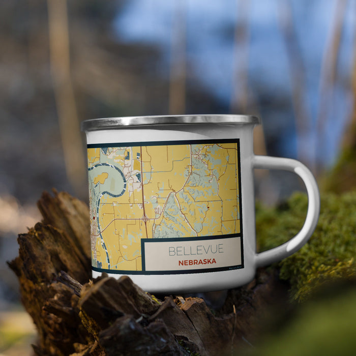 Right View Custom Bellevue Nebraska Map Enamel Mug in Woodblock on Grass With Trees in Background