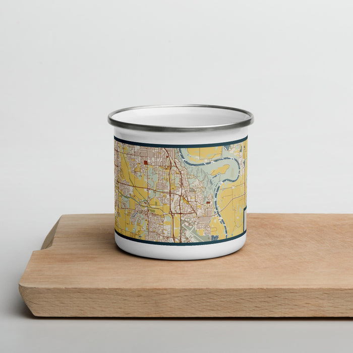 Front View Custom Bellevue Nebraska Map Enamel Mug in Woodblock on Cutting Board