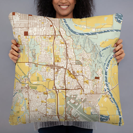 Person holding 22x22 Custom Bellevue Nebraska Map Throw Pillow in Woodblock