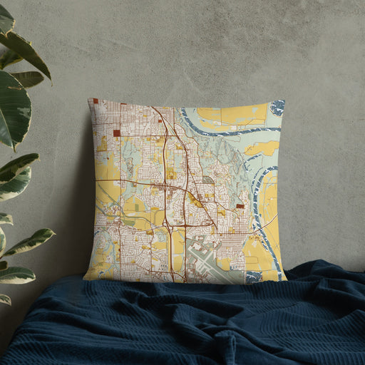 Custom Bellevue Nebraska Map Throw Pillow in Woodblock on Bedding Against Wall