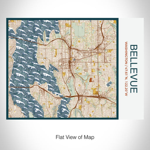 Rendered View of Bellevue Washington Map on 20oz Stainless Steel Insulated Bottle with Bamboo Top with printed woodblock style map