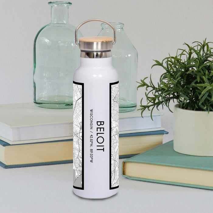 Beloit Wisconsin Custom City Map Inscription Coordinates on 20oz Stainless Steel Insulated Bottle with Bamboo Top with printed classic style map