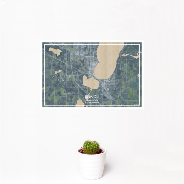 12x18 Bemidji Minnesota Map Print Landscape Orientation in Afternoon Style With Small Cactus Plant in White Planter