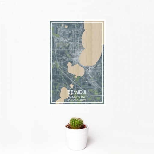 12x18 Bemidji Minnesota Map Print Portrait Orientation in Afternoon Style With Small Cactus Plant in White Planter