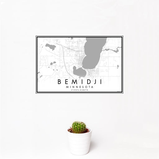 12x18 Bemidji Minnesota Map Print Landscape Orientation in Classic Style With Small Cactus Plant in White Planter