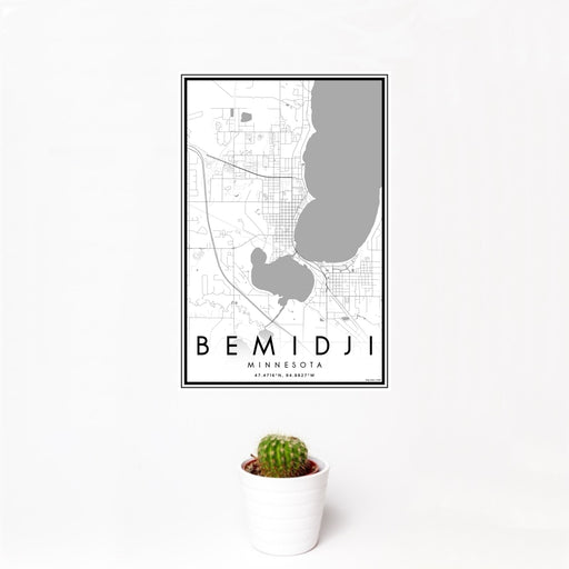 12x18 Bemidji Minnesota Map Print Portrait Orientation in Classic Style With Small Cactus Plant in White Planter