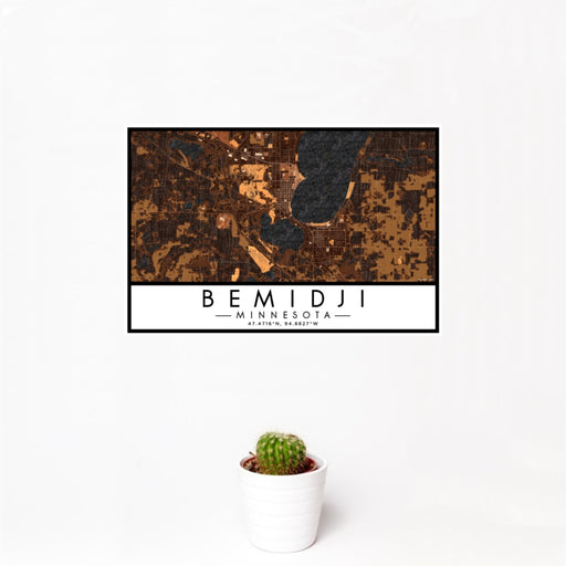 12x18 Bemidji Minnesota Map Print Landscape Orientation in Ember Style With Small Cactus Plant in White Planter