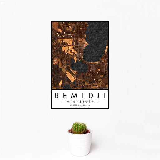 12x18 Bemidji Minnesota Map Print Portrait Orientation in Ember Style With Small Cactus Plant in White Planter