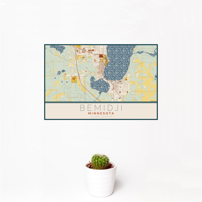12x18 Bemidji Minnesota Map Print Landscape Orientation in Woodblock Style With Small Cactus Plant in White Planter