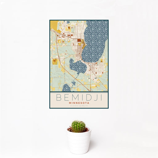 12x18 Bemidji Minnesota Map Print Portrait Orientation in Woodblock Style With Small Cactus Plant in White Planter