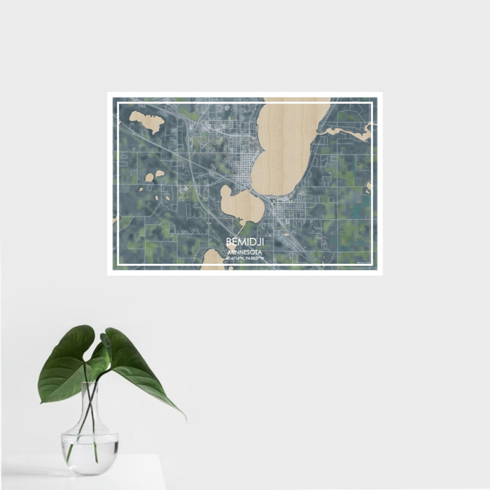 16x24 Bemidji Minnesota Map Print Landscape Orientation in Afternoon Style With Tropical Plant Leaves in Water