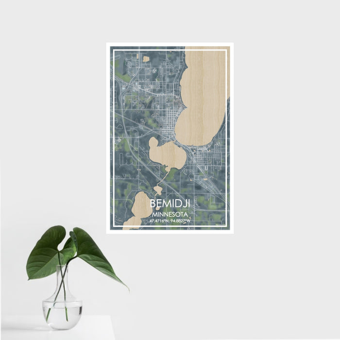 16x24 Bemidji Minnesota Map Print Portrait Orientation in Afternoon Style With Tropical Plant Leaves in Water