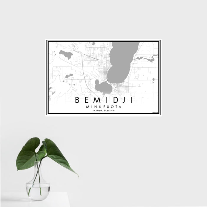 16x24 Bemidji Minnesota Map Print Landscape Orientation in Classic Style With Tropical Plant Leaves in Water