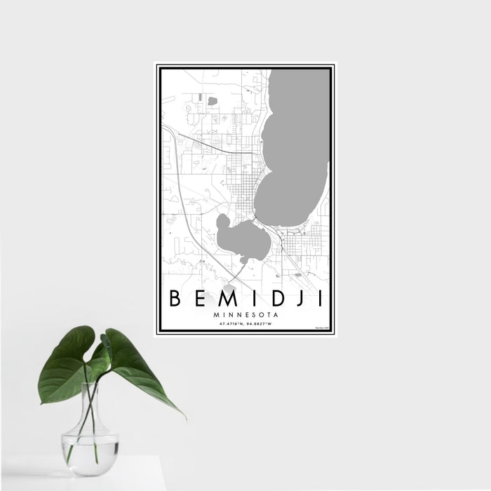 16x24 Bemidji Minnesota Map Print Portrait Orientation in Classic Style With Tropical Plant Leaves in Water