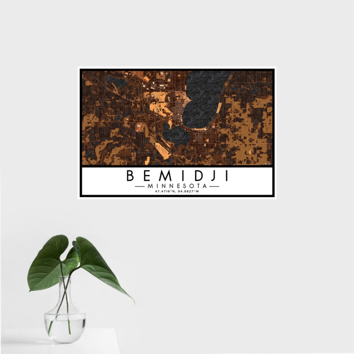 16x24 Bemidji Minnesota Map Print Landscape Orientation in Ember Style With Tropical Plant Leaves in Water