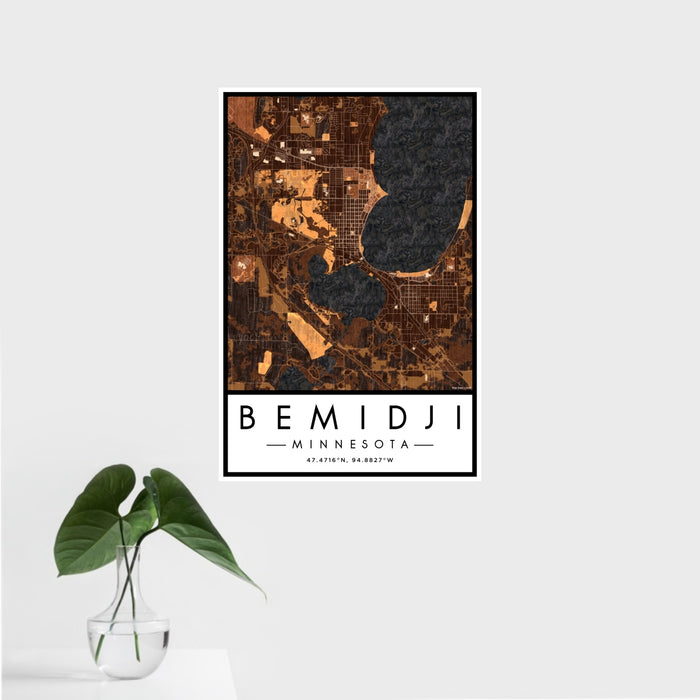 16x24 Bemidji Minnesota Map Print Portrait Orientation in Ember Style With Tropical Plant Leaves in Water