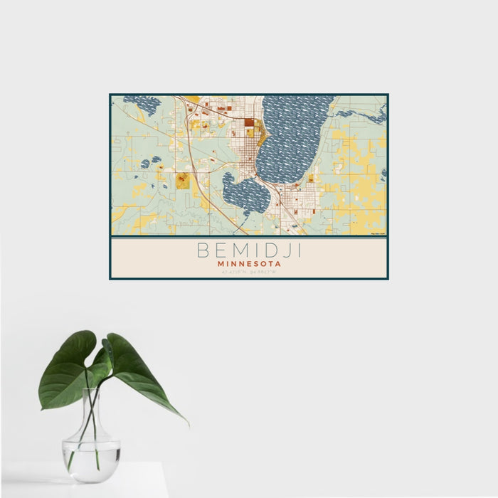 16x24 Bemidji Minnesota Map Print Landscape Orientation in Woodblock Style With Tropical Plant Leaves in Water