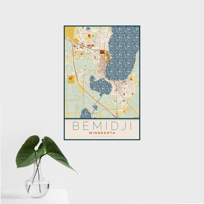 16x24 Bemidji Minnesota Map Print Portrait Orientation in Woodblock Style With Tropical Plant Leaves in Water