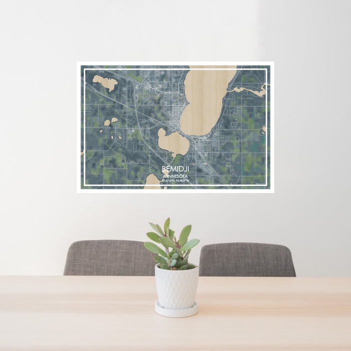 24x36 Bemidji Minnesota Map Print Lanscape Orientation in Afternoon Style Behind 2 Chairs Table and Potted Plant