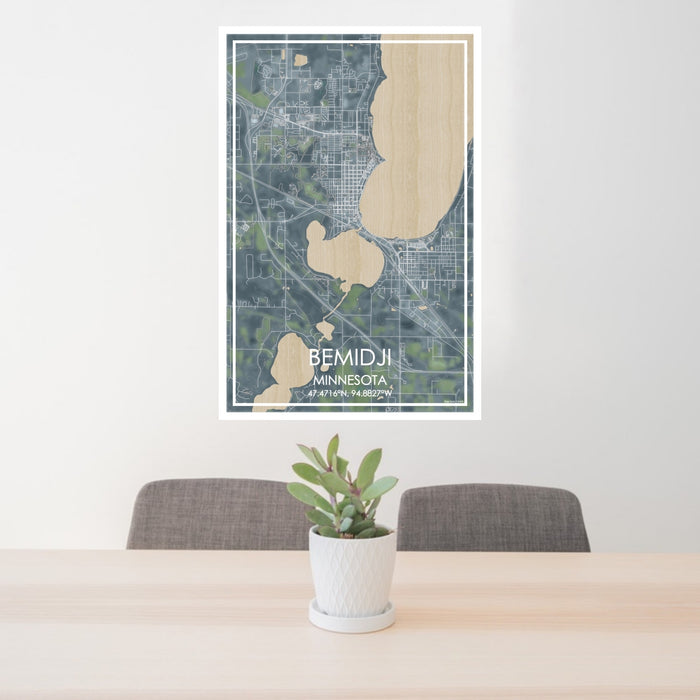 24x36 Bemidji Minnesota Map Print Portrait Orientation in Afternoon Style Behind 2 Chairs Table and Potted Plant