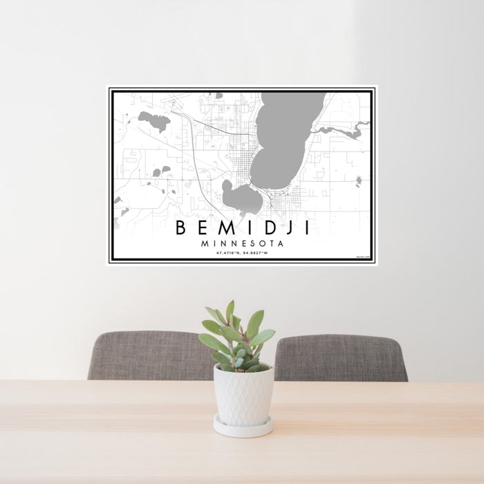 24x36 Bemidji Minnesota Map Print Lanscape Orientation in Classic Style Behind 2 Chairs Table and Potted Plant