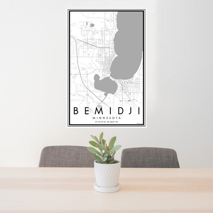 24x36 Bemidji Minnesota Map Print Portrait Orientation in Classic Style Behind 2 Chairs Table and Potted Plant