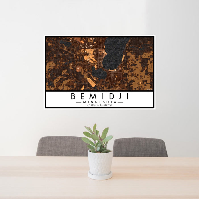 24x36 Bemidji Minnesota Map Print Lanscape Orientation in Ember Style Behind 2 Chairs Table and Potted Plant