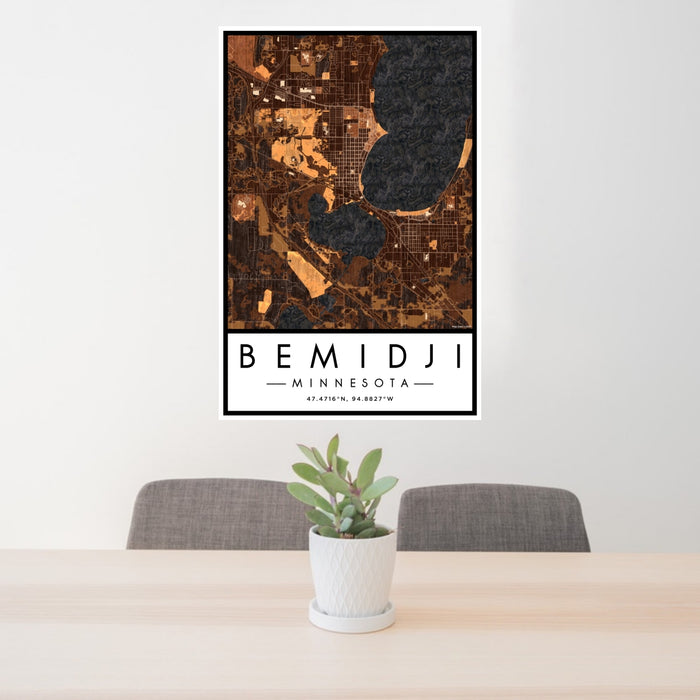 24x36 Bemidji Minnesota Map Print Portrait Orientation in Ember Style Behind 2 Chairs Table and Potted Plant