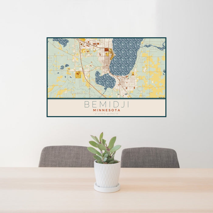 24x36 Bemidji Minnesota Map Print Lanscape Orientation in Woodblock Style Behind 2 Chairs Table and Potted Plant