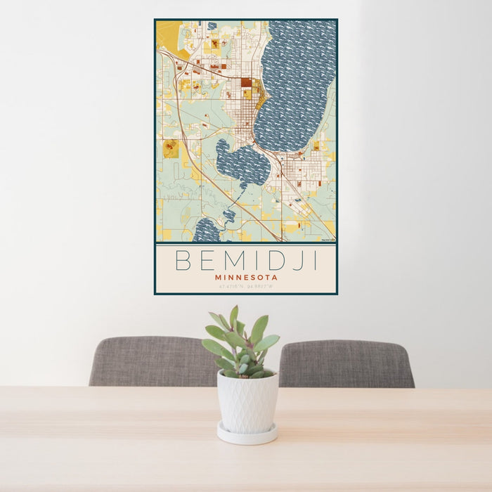 24x36 Bemidji Minnesota Map Print Portrait Orientation in Woodblock Style Behind 2 Chairs Table and Potted Plant
