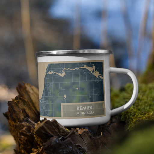 Right View Custom Bemidji Minnesota Map Enamel Mug in Afternoon on Grass With Trees in Background