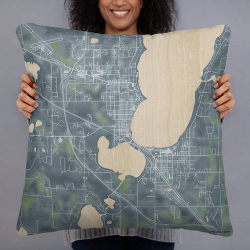 Person holding 22x22 Custom Bemidji Minnesota Map Throw Pillow in Afternoon