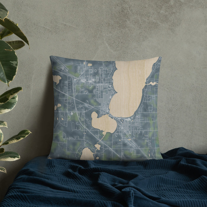 Custom Bemidji Minnesota Map Throw Pillow in Afternoon on Bedding Against Wall
