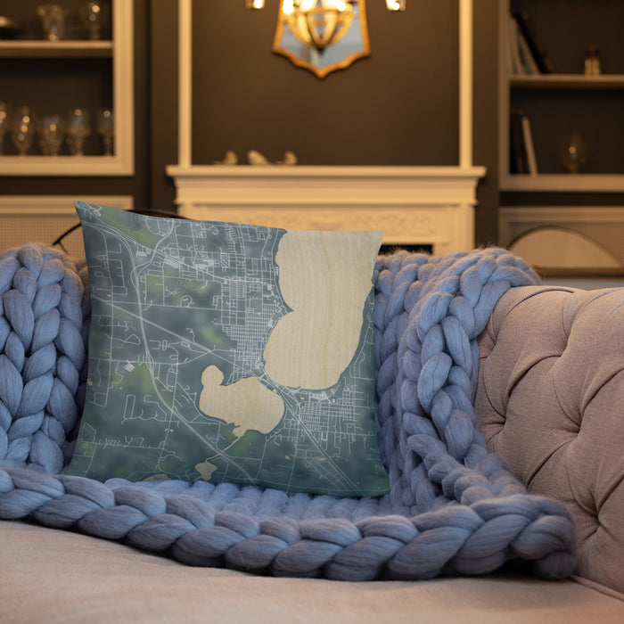 Custom Bemidji Minnesota Map Throw Pillow in Afternoon on Cream Colored Couch