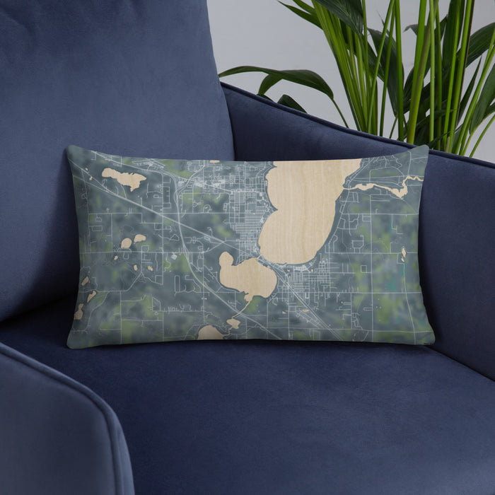 Custom Bemidji Minnesota Map Throw Pillow in Afternoon on Blue Colored Chair
