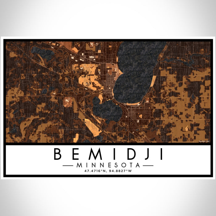 Bemidji Minnesota Map Print Landscape Orientation in Ember Style With Shaded Background
