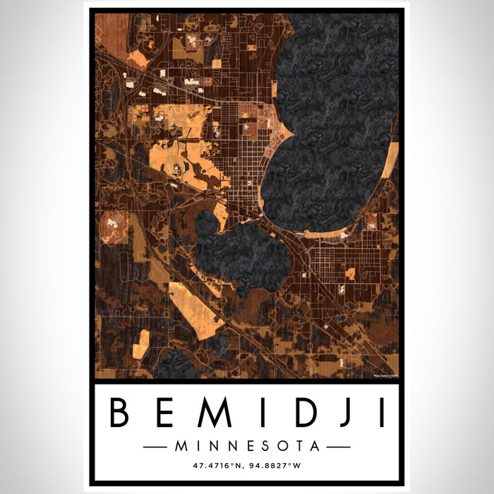 Bemidji Minnesota Map Print Portrait Orientation in Ember Style With Shaded Background