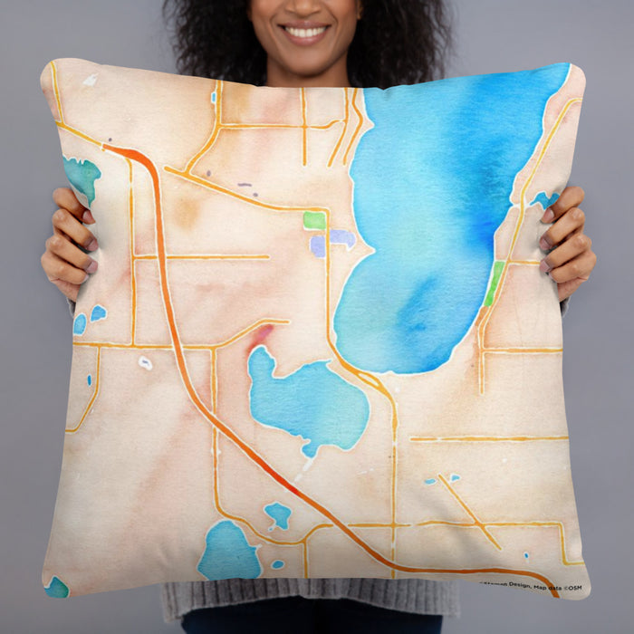 Person holding 22x22 Custom Bemidji Minnesota Map Throw Pillow in Watercolor