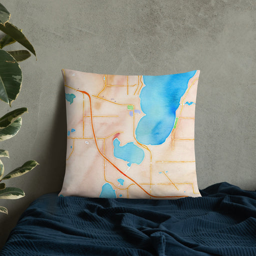 Custom Bemidji Minnesota Map Throw Pillow in Watercolor on Bedding Against Wall